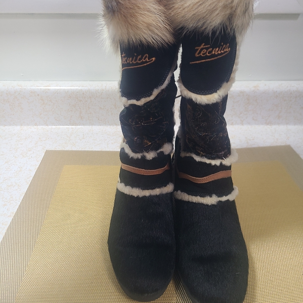 Vintage Tecnica Apres Boots Women's Heeled Fur Sheepskin Black Sz 39 US 8.5